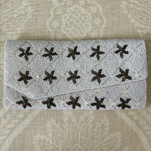 Elegant Beaded Clutch in Cream and Brown